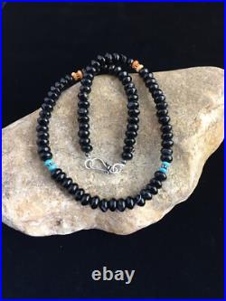 Black Onyx & Turquoise Navajo Sterling Silver Necklace 18 10022