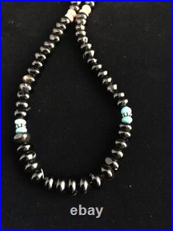 Black Onyx & Turquoise Navajo Sterling Silver Necklace 18 10022