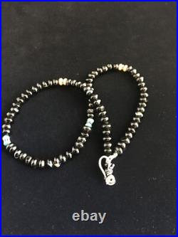 Black Onyx & Turquoise Navajo Sterling Silver Necklace 18 10022