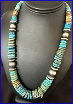 Blue Green Turquoise Navajo Sterling Silver Necklace 21 16960