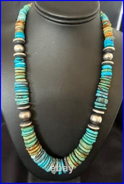 Blue Green Turquoise Navajo Sterling Silver Necklace 21 16960