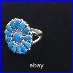 Blue Kingman Turquoise Navajo Sterling Silver Cluster Ring Size 7 10112