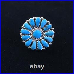 Blue Kingman Turquoise Navajo Sterling Silver Cluster Ring Size 7 10112