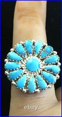 Blue Kingman Turquoise Navajo Sterling Silver Cluster Ring Size 7 10112