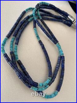 Blue Lapis & Turquoise 3 Strand Navajo Sterling Silver Necklace 21 01011 Blue Lapis & Turquoise 3 Strand Navajo Sterling Silver Necklace 21 01011