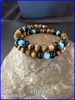 Blue Turquoise Coffee Tigers Eye Navajo Stainless Memory Wire Bracelet 19695