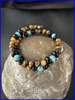 Blue Turquoise Coffee Tigers Eye Navajo Stainless Memory Wire Bracelet 19695