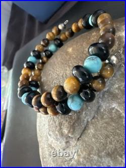 Blue Turquoise Coffee Tigers Eye Navajo Stainless Memory Wire Bracelet 19695