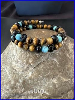 Blue Turquoise Coffee Tigers Eye Navajo Stainless Memory Wire Bracelet 19695