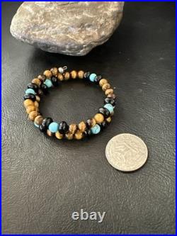 Blue Turquoise Coffee Tigers Eye Navajo Stainless Memory Wire Bracelet 19695
