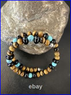 Blue Turquoise Coffee Tigers Eye Navajo Stainless Memory Wire Bracelet 19695
