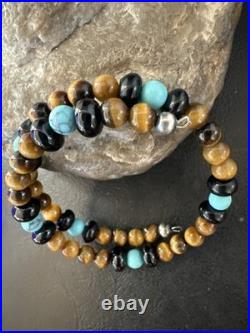 Blue Turquoise Coffee Tigers Eye Navajo Stainless Memory Wire Bracelet 19695