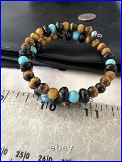 Blue Turquoise Coffee Tigers Eye Navajo Stainless Memory Wire Bracelet 19695