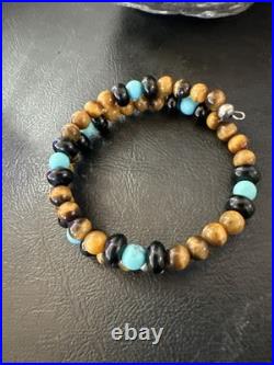 Blue Turquoise Coffee Tigers Eye Navajo Stainless Memory Wire Bracelet 19695