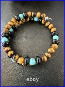 Blue Turquoise Coffee Tigers Eye Navajo Stainless Memory Wire Bracelet 19695