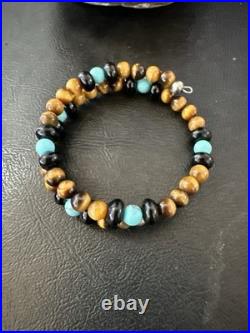 Blue Turquoise Coffee Tigers Eye Navajo Stainless Memory Wire Bracelet 19695