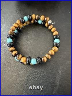 Blue Turquoise Coffee Tigers Eye Navajo Stainless Memory Wire Bracelet 19695