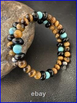 Blue Turquoise Coffee Tigers Eye Navajo Stainless Memory Wire Bracelet 19695