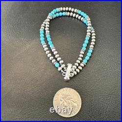 Blue Turquoise Faceted Bead Navajo Sterling Silver Beads Bracelet 7.5 18999