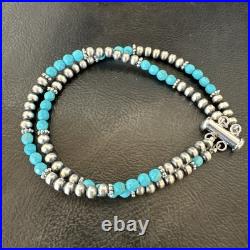 Blue Turquoise Faceted Bead Navajo Sterling Silver Beads Bracelet 7.5 18999