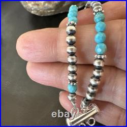Blue Turquoise Faceted Bead Navajo Sterling Silver Beads Bracelet 7.5 18999