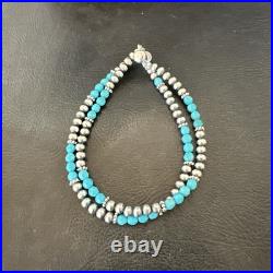 Blue Turquoise Faceted Bead Navajo Sterling Silver Beads Bracelet 7.5 18999