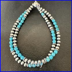 Blue Turquoise Faceted Bead Navajo Sterling Silver Beads Bracelet 7.5 18999
