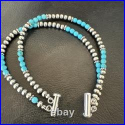 Blue Turquoise Faceted Bead Navajo Sterling Silver Beads Bracelet 7.5 18999