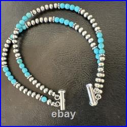Blue Turquoise Faceted Bead Navajo Sterling Silver Beads Bracelet 7.5 18999