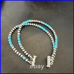 Blue Turquoise Faceted Bead Navajo Sterling Silver Beads Bracelet 7.5 18999