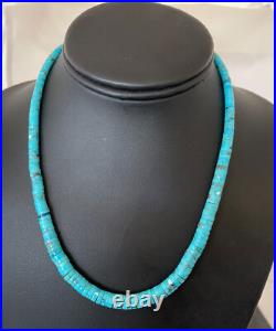Blue Turquoise Heishi Stabilized Graduated Navajo Sterling Silver Necklace 01184