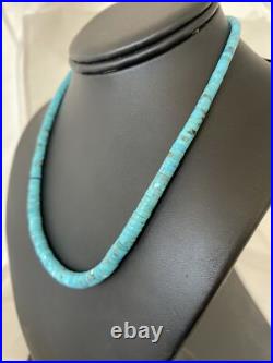 Blue Turquoise Heishi Stabilized Graduated Navajo Sterling Silver Necklace 01184
