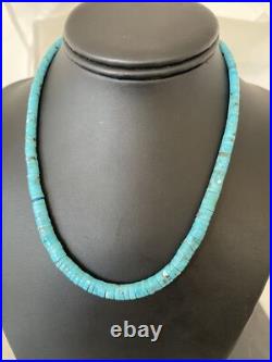Blue Turquoise Heishi Stabilized Graduated Navajo Sterling Silver Necklace 01184