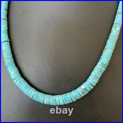 Blue Turquoise Heishi Stabilized Graduated Navajo Sterling Silver Necklace 01184