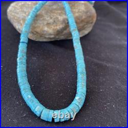 Blue Turquoise Heishi Stabilized Graduated Navajo Sterling Silver Necklace 01184