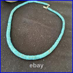 Blue Turquoise Heishi Stabilized Graduated Navajo Sterling Silver Necklace 01184