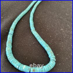Blue Turquoise Heishi Stabilized Graduated Navajo Sterling Silver Necklace 01184