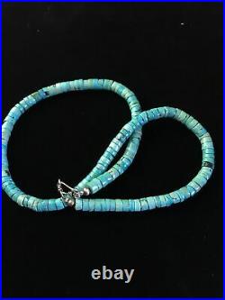 Blue Turquoise Heishi Sterling Silver Necklace Navajo Pearls Graduated 20 1755