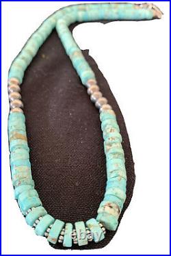 Blue Turquoise Heishi Sterling Silver Necklace Navajo Pearls Stab 8mm 20 970