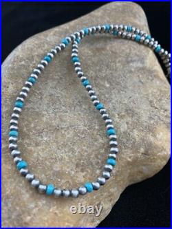 Blue Turquoise Navajo Pearls 4mm Sterling Silver Bead 16 Necklace 94116