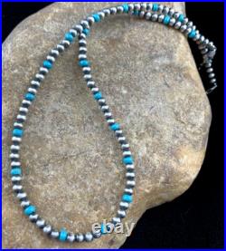 Blue Turquoise Navajo Pearls 4mm Sterling Silver Bead 16 Necklace 94116