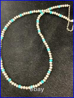 Blue Turquoise Navajo Pearls 4mm Sterling Silver Bead 16 Necklace 94116