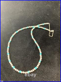 Blue Turquoise Navajo Pearls 4mm Sterling Silver Bead 16 Necklace 94116