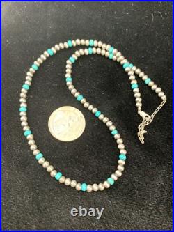 Blue Turquoise Navajo Pearls 4mm Sterling Silver Bead 16 Necklace 94116