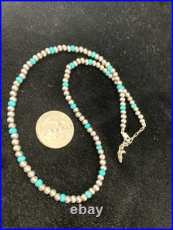 Blue Turquoise Navajo Pearls 4mm Sterling Silver Bead 16 Necklace 94116