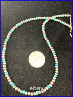 Blue Turquoise Navajo Pearls 4mm Sterling Silver Bead 16 Necklace 94116