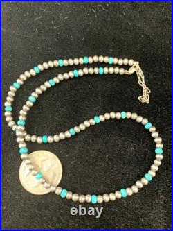 Blue Turquoise Navajo Pearls 4mm Sterling Silver Bead 16 Necklace 94116
