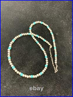 Blue Turquoise Navajo Pearls 4mm Sterling Silver Bead 16 Necklace 94116