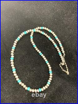 Blue Turquoise Navajo Pearls 4mm Sterling Silver Bead 16 Necklace 94116