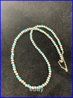 Blue Turquoise Navajo Pearls 4mm Sterling Silver Bead 16 Necklace 94116